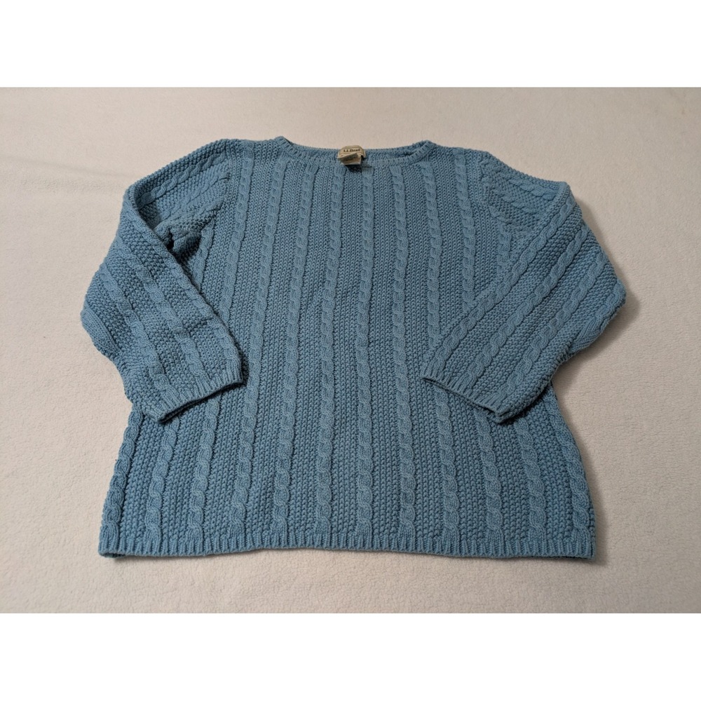 LL Bean Cable Knit Sweater Womens Medium Blue 3/4 Sleeve Fisherman Cotton